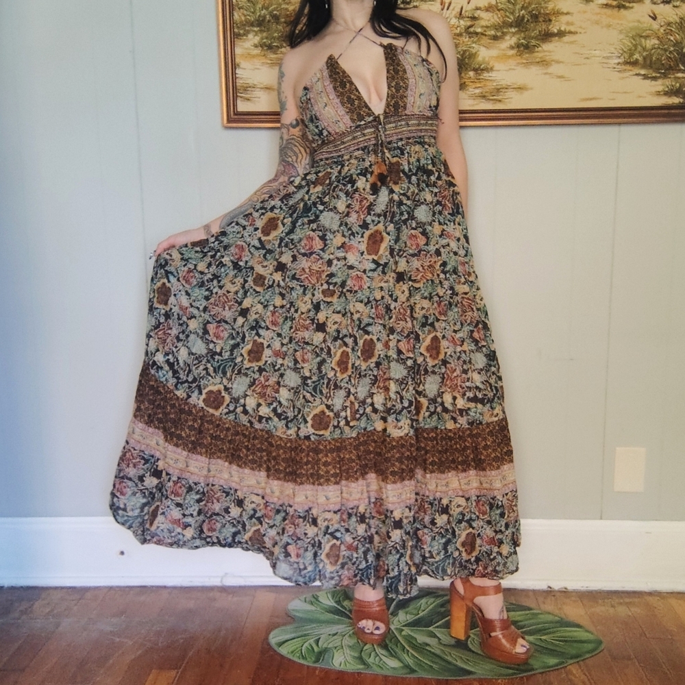 Free People Real Love Strappy Boho Brown Floral Maxi Halter Dress Small Pockets - Picture 8 of 14